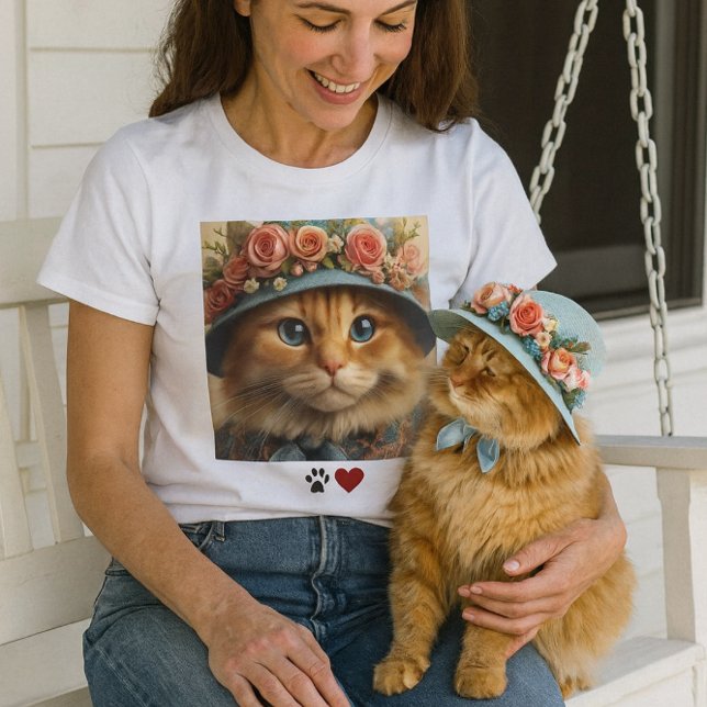 Camiseta Gato jengibre en Gorra azul con amante del gato fl ( a warm, spring‑fresh porch moment with the lady on her swing, petting her cat . Pet lovers  t-shirt)