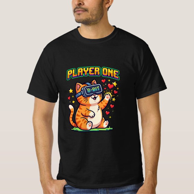 Camiseta Gato jugador uno de 8 bits VR (Anverso)