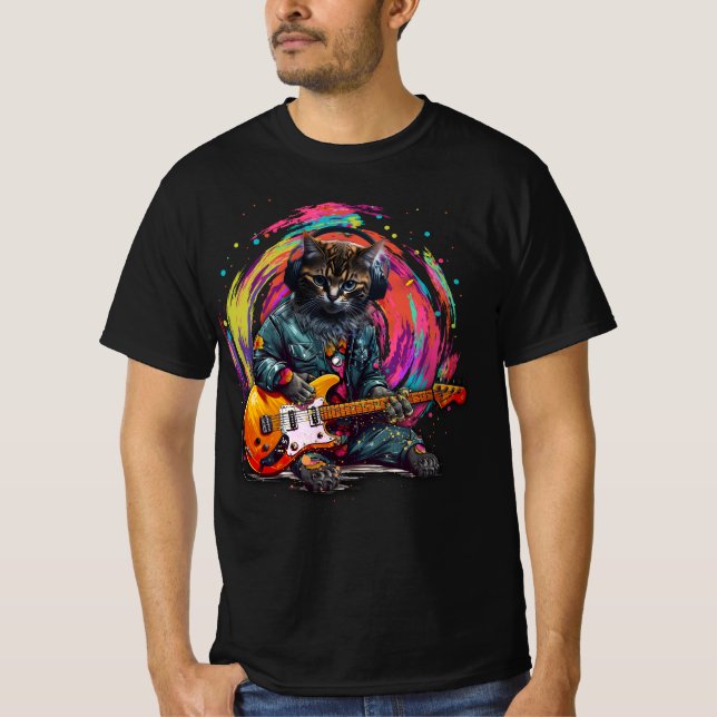 Camiseta Gato Jugando Guitarra Eléctrica Rock Fuerte Música (Anverso)
