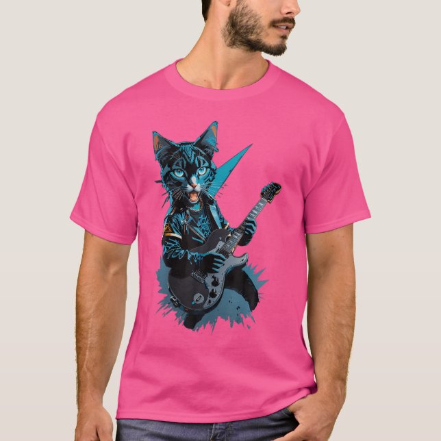 Camiseta Gato Jugando Guitarra Eléctrica Rock Metalizado Pe (Anverso)