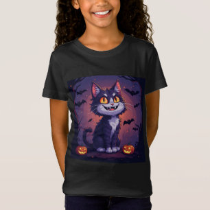 Camiseta Gato juguetón de Halloween con calabazas y murciél