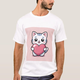 Camiseta Gato Kawaii Adorable Abrazando Corazón Rosa Gigant