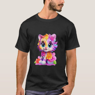 Camiseta Gato Kawaii Adorable Colorido con Flores Ojos Gran