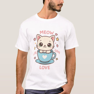 Camiseta Gato Kawaii Adorable en Taza de Té Azul - Meow Amo