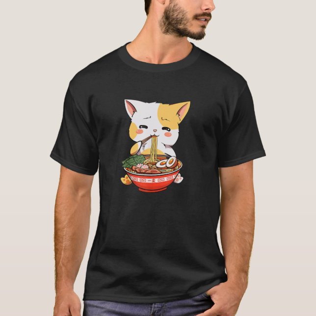 Camiseta Gato Kawaii Anime comiendo fideos japoneses a rale (Anverso)