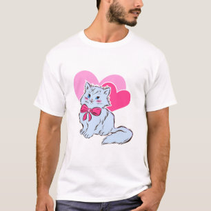 Camiseta Gato Kawaii Azul Con Lazo Rosa Y Corazones