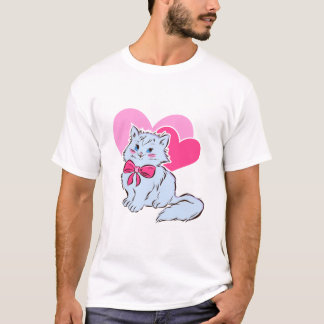 Camiseta Gato Kawaii Azul Con Lazo Rosa Y Corazones