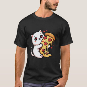 Camiseta Gato Kawaii Blanco Abrazando Pizza Corazón Peppero