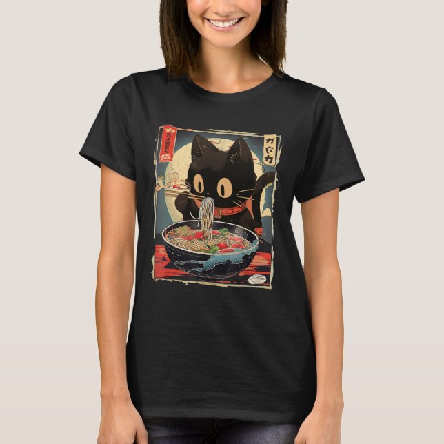 Camiseta Gato Kawaii comiendo fideos de Ramen Chicas de reg (Anverso)
