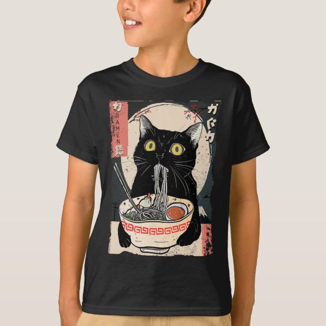 Camiseta Gato Kawaii comiendo fideos de Ramen Divertido reg (Anverso)