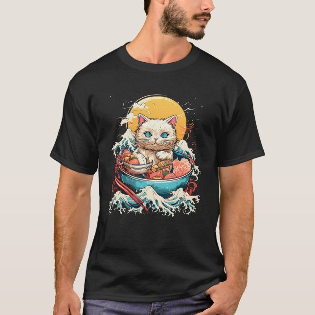 Camiseta Gato Kawaii comiendo fideos de Ramen Me Encanta Re (Anverso)
