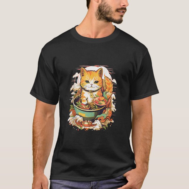 Camiseta Gato Kawaii comiendo fideos de Ramen Me Encanta Re (Anverso)