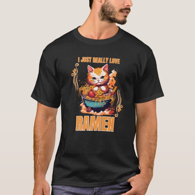 Camiseta Gato Kawaii comiendo fideos de Ramen Me Encanta Re (Anverso)