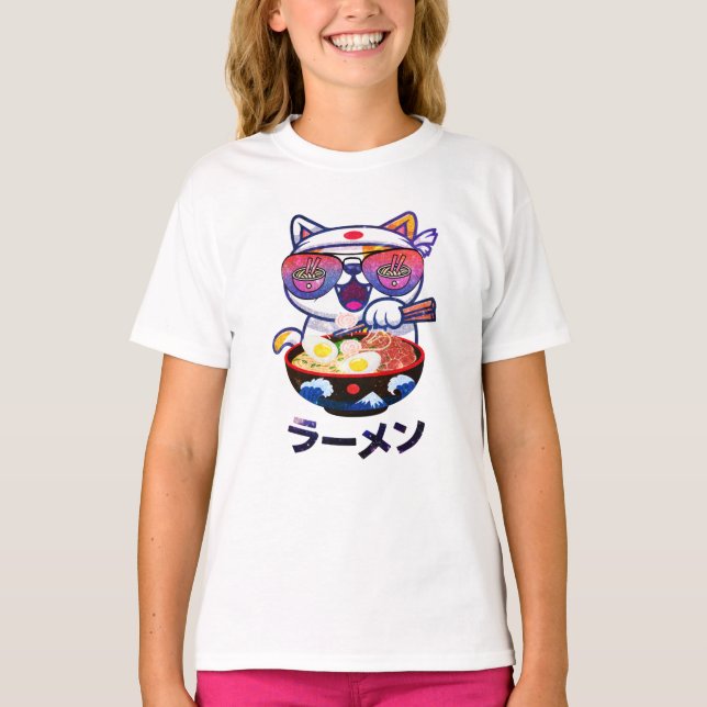 Camiseta Gato Kawaii comiendo fideos Ramen (Anverso)