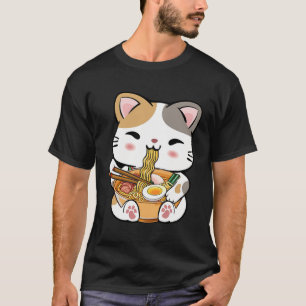 Camiseta Gato Kawaii comiendo fideos Ramen Kawaii Anime Cat