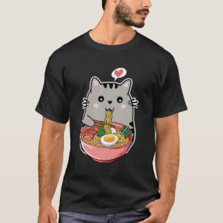 Camiseta Gato Kawaii comiendo fideos Ramen Kawaii Anime Cat