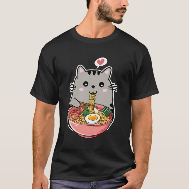 Camiseta Gato Kawaii comiendo fideos Ramen Kawaii Anime Cat (Anverso)