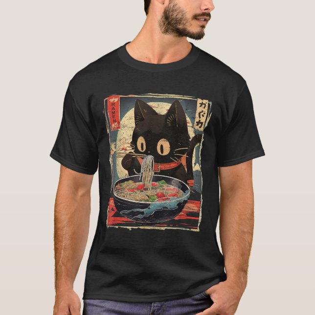 Camiseta Gato Kawaii comiendo fideos Ramen vintage japonés  (Anverso)