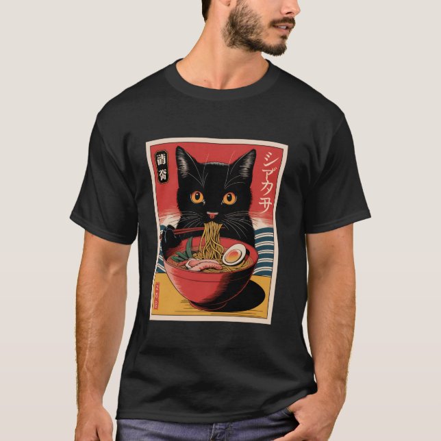 Camiseta Gato Kawaii comiendo Ramen poco funn fideos japone (Anverso)