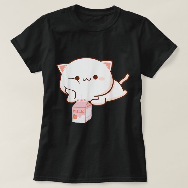 Camiseta Gato Kawaii con Leche de Fresa (Diseño del anverso)
