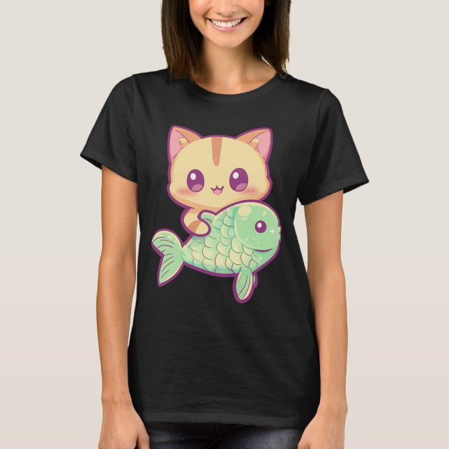 Camiseta Gato kawaii con pescado (Anverso)