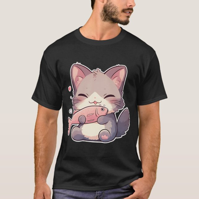 Camiseta Gato kawaii con pescado (Anverso)