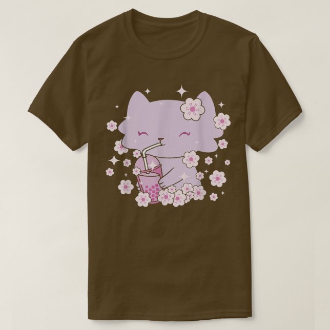 Camiseta Gato Kawaii con té de burbuja y té Boba y Sakura (Diseño del anverso)