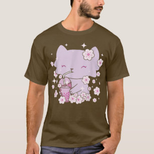 Camiseta Gato Kawaii con té de burbuja y té Boba y Sakura
