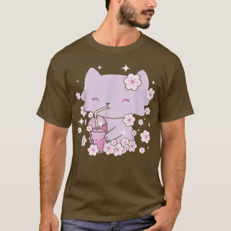 Camiseta Gato Kawaii con té de burbuja y té Boba y Sakura