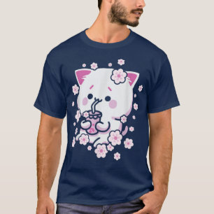 Camiseta Gato Kawaii con té de burbuja y té Boba y Sakura