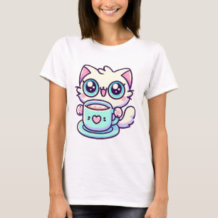 Camiseta Gato kawaii de ojos grandes con té