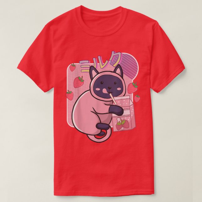 Camiseta Gato Kawaii Divertido Batido de Fresa Japonés An (Diseño del anverso)