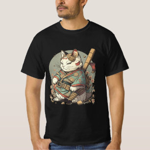 Camiseta Gato Kawaii Estilo Samurái Anime Gatito Japonés