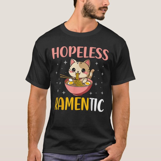 Camiseta Gato Kawaii inofensivo ramenético comiendo fideos  (Anverso)