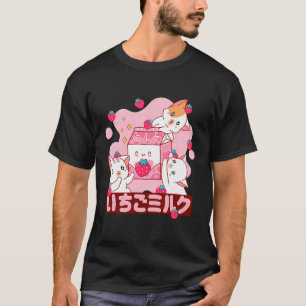 Camiseta Gato Kawaii japonés de fresa rosa