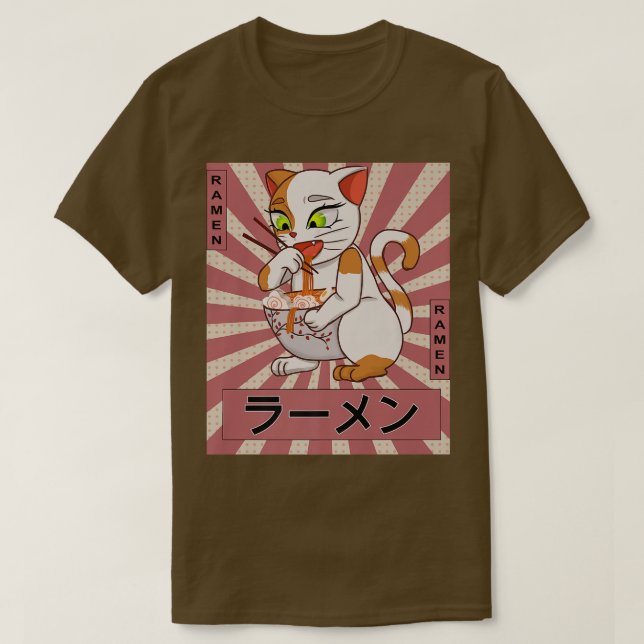 Camiseta Gato Kawaii japonés de los años 90 comiendo Ramen  (Diseño del anverso)