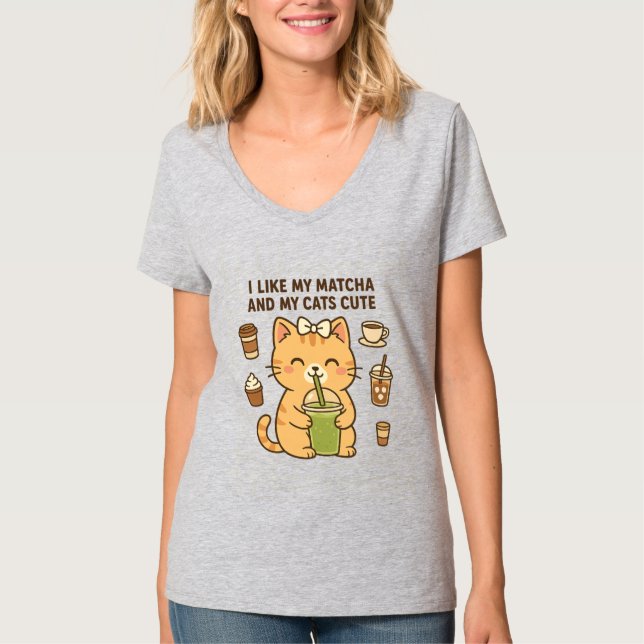 Camiseta Gato kawaii lindo con té verde matcha (Anverso)