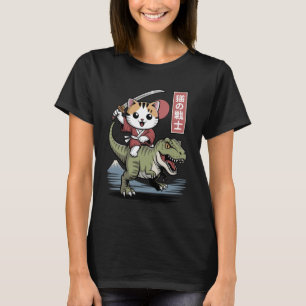 Camiseta Gato Kawaii montando un T-Rex Arte Japonés Anime S