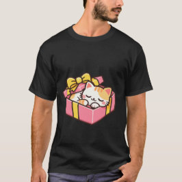Camiseta Gato Kawaii Naranja Dormido en Caja de Regalo Rosa