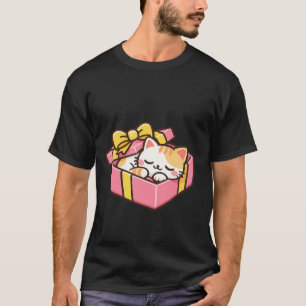 Camiseta Gato Kawaii Naranja Dormido en Caja de Regalo Rosa