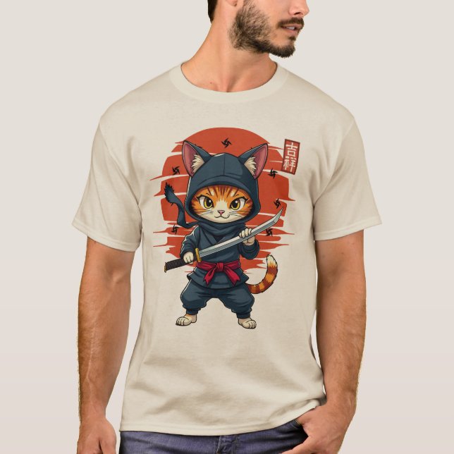 Camiseta Gato Kawaii Ninja Japonés, Gato Ninja Con Espada (Anverso)
