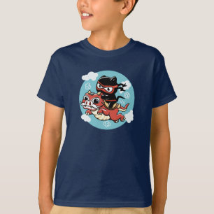 Camiseta Gato Kawaii Ninja montando un dragón rojo