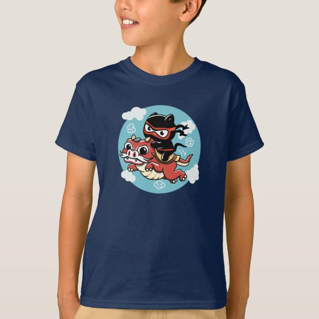 Camiseta Gato Kawaii Ninja montando un dragón rojo (Anverso)