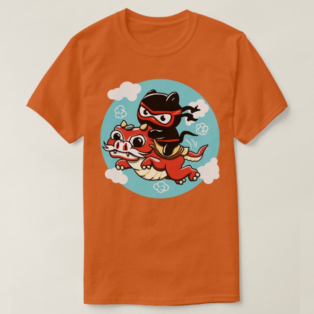 Camiseta Gato Kawaii Ninja montando un dragón rojo (Diseño del anverso)