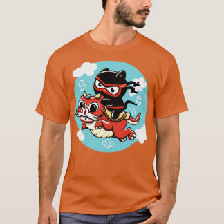 Camiseta Gato Kawaii Ninja montando un dragón rojo