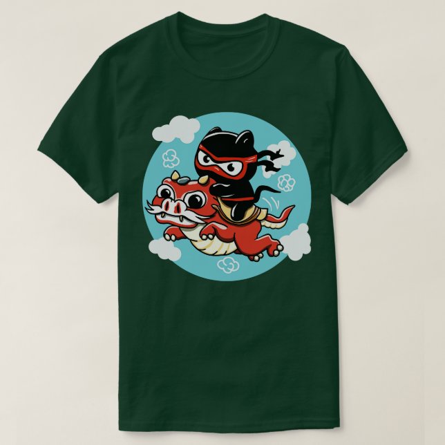 Camiseta Gato Kawaii Ninja montando un dragón rojo (Diseño del anverso)