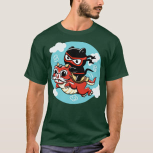 Camiseta Gato Kawaii Ninja montando un dragón rojo