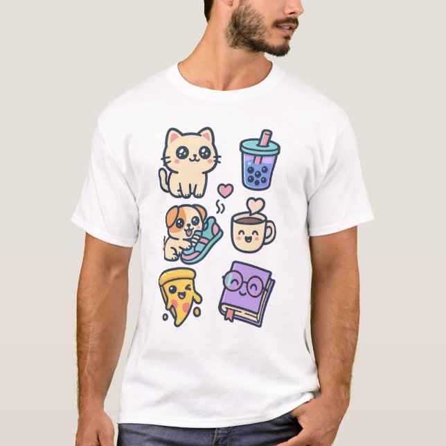 Camiseta Gato Kawaii, perro y amantes de la comida (Anverso)
