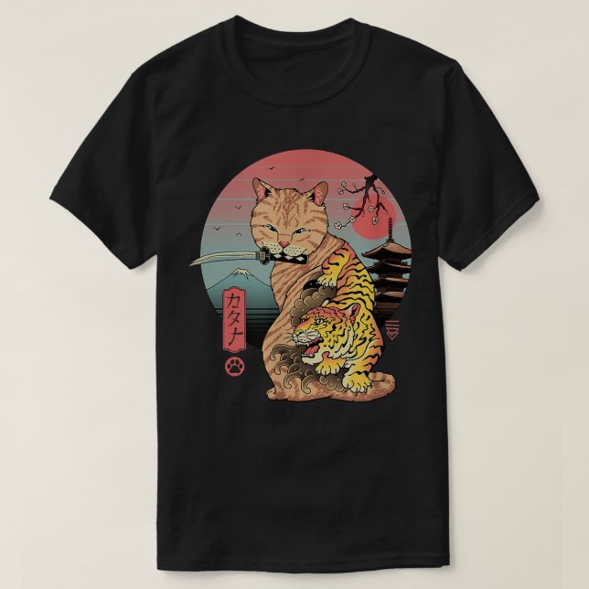 Camiseta Gato Kawaii Tattoo de Samurai Ninja japonés retro (Diseño del anverso)