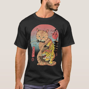 Camiseta Gato Kawaii Tattoo de Samurai Ninja japonés retro